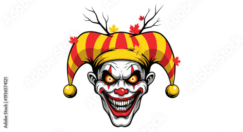 Scary Clown Face with Jester Hat and Autumn Leaves