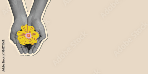 Horizontal banner template with hands holding flower. Modern retro mixed media collage with vintage dot texture and doodle accents. Vector design for posters, ads and seasonal graphics.