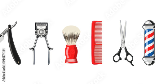 Vintage Barber Tools: Razor, Clipper, Brush, Comb, Scissors, Barber Pole