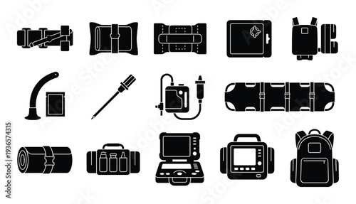 Bundle of emergency medical equipment outline icon vector first aid paramedic rescue safety tool