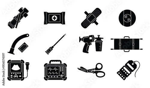 Collection of different medical supplies and tools for emergency care and treatment in black color