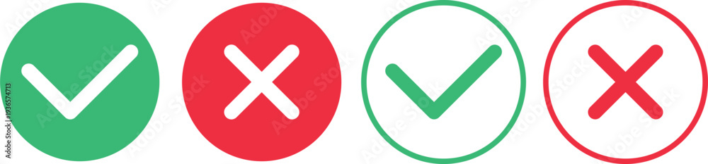 Obraz premium Green check mark and red cross icons set in circle outline and solid style isolated on white background