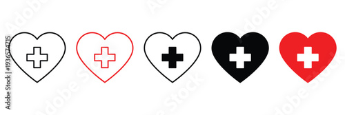 Heart shape medical icon set with cross symbol for healthcare, pharmacy, hospital, first aid, clinic, cardiology, emergency, wellness, medicine, health, nursing, care, life, love.