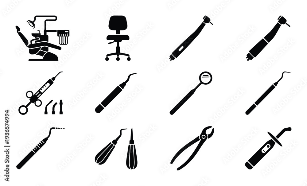 Obraz premium Dentistry equipment vector with dental chair and instruments for dentist and patient on background