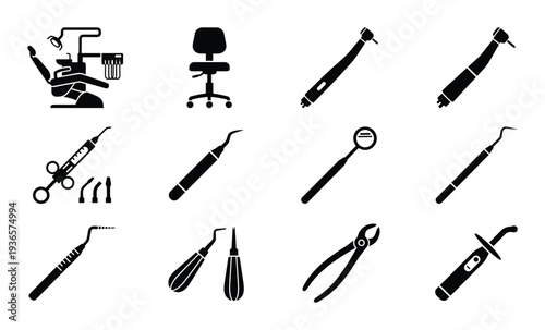 Dentistry equipment vector with dental chair and instruments for dentist and patient on background