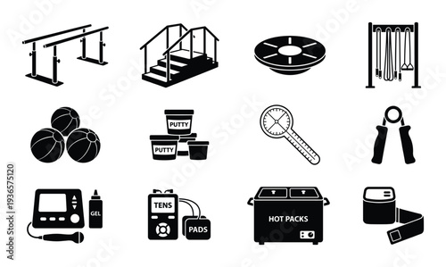 Different physical therapy equipment in black color on transparent background for sign or logo