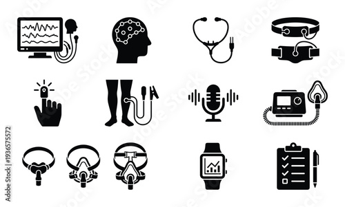 Healthcare equipment vector line style monitor brain stethoscope and other devices for patient