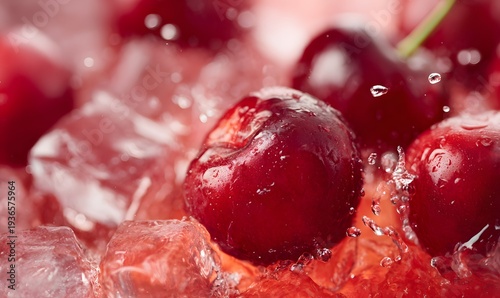 cherries with ice in vibrant red liquid motion, perfect for soda, juice, and syrup marketing