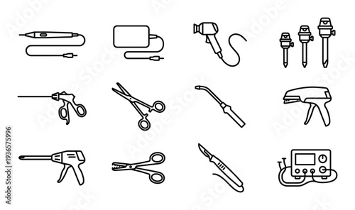 Laparoscopic and endoscopic surgery equipment icons including laser scalpel and surgical staplers