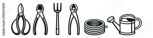 Collection of garden tools including shears, pliers, fork, hose, and watering can