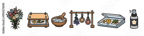 Collection of tools and materials for drying and preserving flowers and plants
