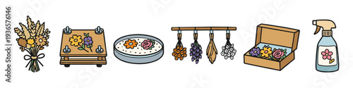 Collection of tools and materials for drying and preserving flowers and plants