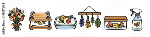 Collection of botanical crafting and preservation tools and supplies