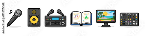 Collection of karaoke and audio equipment icons for entertainment and music