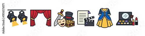 Collection of theatrical and film production icons representing performance arts and entertainment