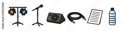 Stage performance equipment including lights, microphone, speaker, cable, and water bottle