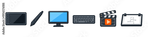 Digital art and animation creation tools including graphics tablet, stylus, monitor, keyboard, clapperboard, and storyboard