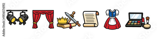 Collection of theatrical icons representing performance, royalty, and costume elements