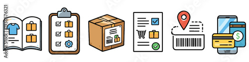 E-commerce and logistics icons showing order fulfillment, shipping, and payment processes