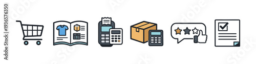 Icons representing e-commerce process from shopping cart to customer feedback and order completion