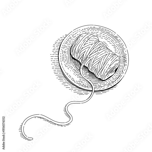 Vintage engraving ball of yarn with thread tail. Antique vector illustration in classic etching style. Hand drawn knitting yarn spool with detailed hatching texture. Top view