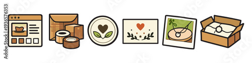 Collection of cute, hand-drawn icons representing online shopping, packaging, and handmade crafts