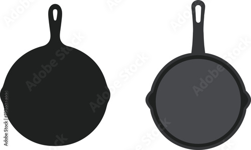 Cast Iron Skillet Vector Illustration with Top View Frying Pan Silhouette and Realistic Griddle Design