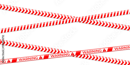 Safety ribbon symbol set. Red and white caution tape with warning, attention, and do not cross text. Seamless restriction lines isolated on transparent background PNG icons.