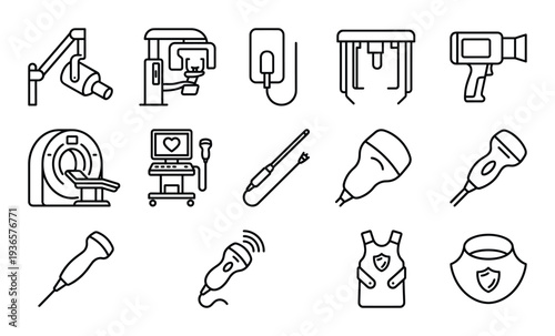 Medical imaging equipment icons set with radiology diagnostic machines and ultrasound probe sensors