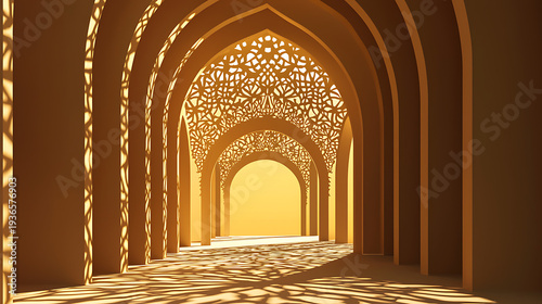 Majestic arches and intricate patterns illuminate a serene corridor with golden light from above