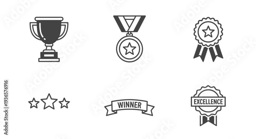 Set of black and white award icons including trophies and medals.
