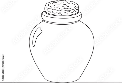Rustic clay jar with cork stopper in continuous one line drawing. Vintage storage pot in simple linear style. Kitchen container in editable stroke. Doodle oneline vector art.