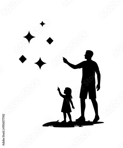 Father and daughter stargazing looking at night sky