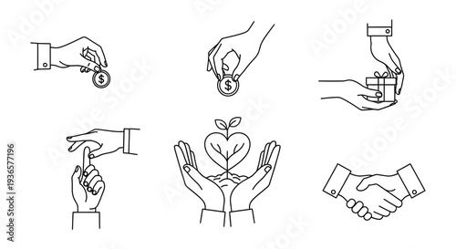 Set of hand-drawn illustrations depicting various acts of giving and receiving including money gifts and a heart-shaped plant along with a handshake.