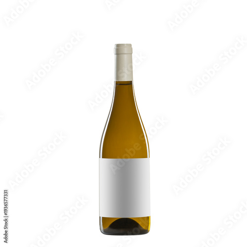 white wine bottle with blank label isolated on white background.