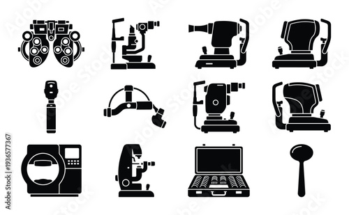 Ophthalmology equipment diagnostic eyesight tool optometry slit lamp phoropter lens set isolated flat vector