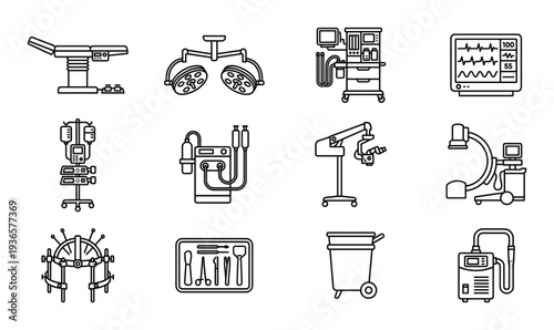 Operating table used in hospital surgery rooms for patients and equipment of the medical staff