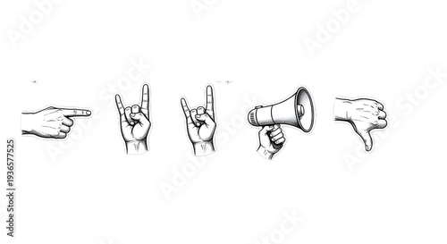 Set of vintage-style hand gesture icons including pointing, rock on, megaphone, and thumbs down isolated on transparent background