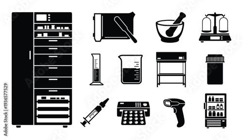 Pharmacy equipment for compounding and dispensing medications in silhouette style black color