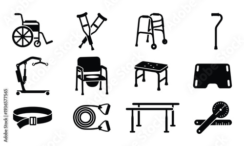 Physiotherapy icons of rehabilitation equipment and medical tools for physical treatment vector illustration