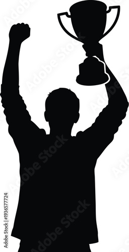Silhouette of victorious man raising arms and holding championship trophy cup celebration of success and victory vector