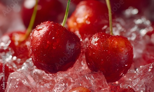 cherries with ice in vibrant red liquid motion, perfect for soda, juice, and syrup marketing