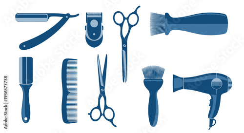 Barber Tools Collection: Scissors, Clipper, Comb, Razor, Dryer, Brushes