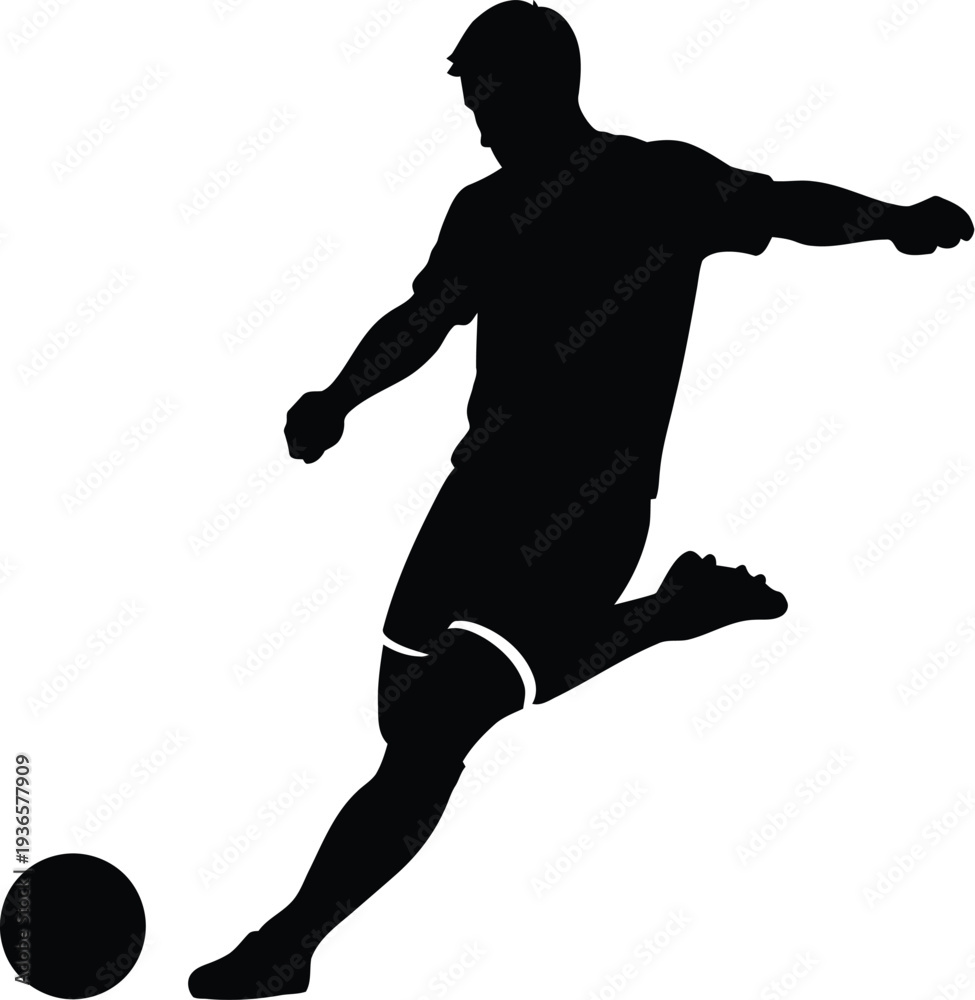 Obraz premium Soccer player silhouette kicking ball preparing for powerful strike during competitive football game