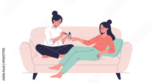 Woman painting friend's nails on sofa, friendship, self-care, beauty routine