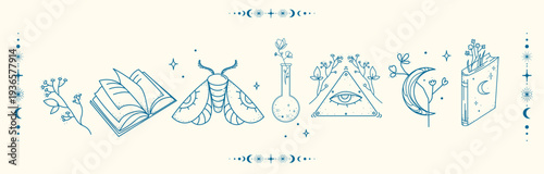 Mystical magic symbols set in line art style with spell book, moth, potion, moon phases,l eye, and sacred geometry for spiritual branding, tattoo, poster packaging, logo, or mystical decoration.Vector