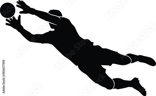 Soccer goalkeeper jumping to catch ball silhouette reaching for high shot during professional match