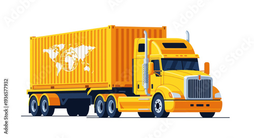 Yellow Semi-Truck with Cargo Container Showing World Map