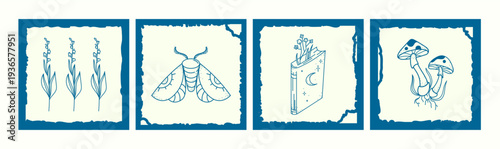 Mystical Nature and Magic Line Art Cards set with Plants Moth Spell Book and Mushrooms.Magic line art illustration set inside vintage frames esoteric nature symbols in minimal occult style.Vector