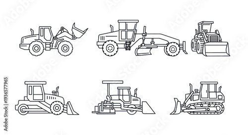 Set of Heavy Construction Machines, Line Art Vector Illustration